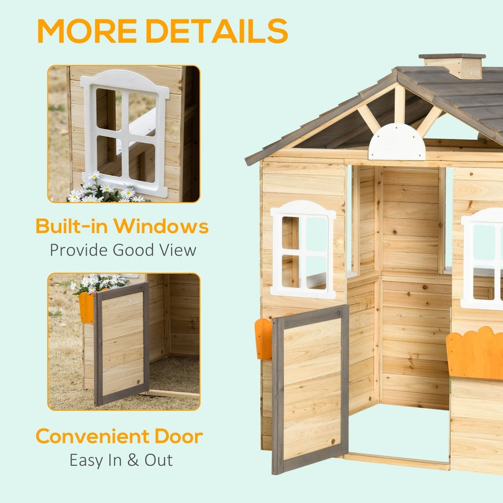 Outsunny Wooden Playhouse for Kids Outdoor Wendy House with Door, windows, Bench, Service Stations, Flowerpot Holder, For Ages 3-7 Years - SGP Garden Ltd