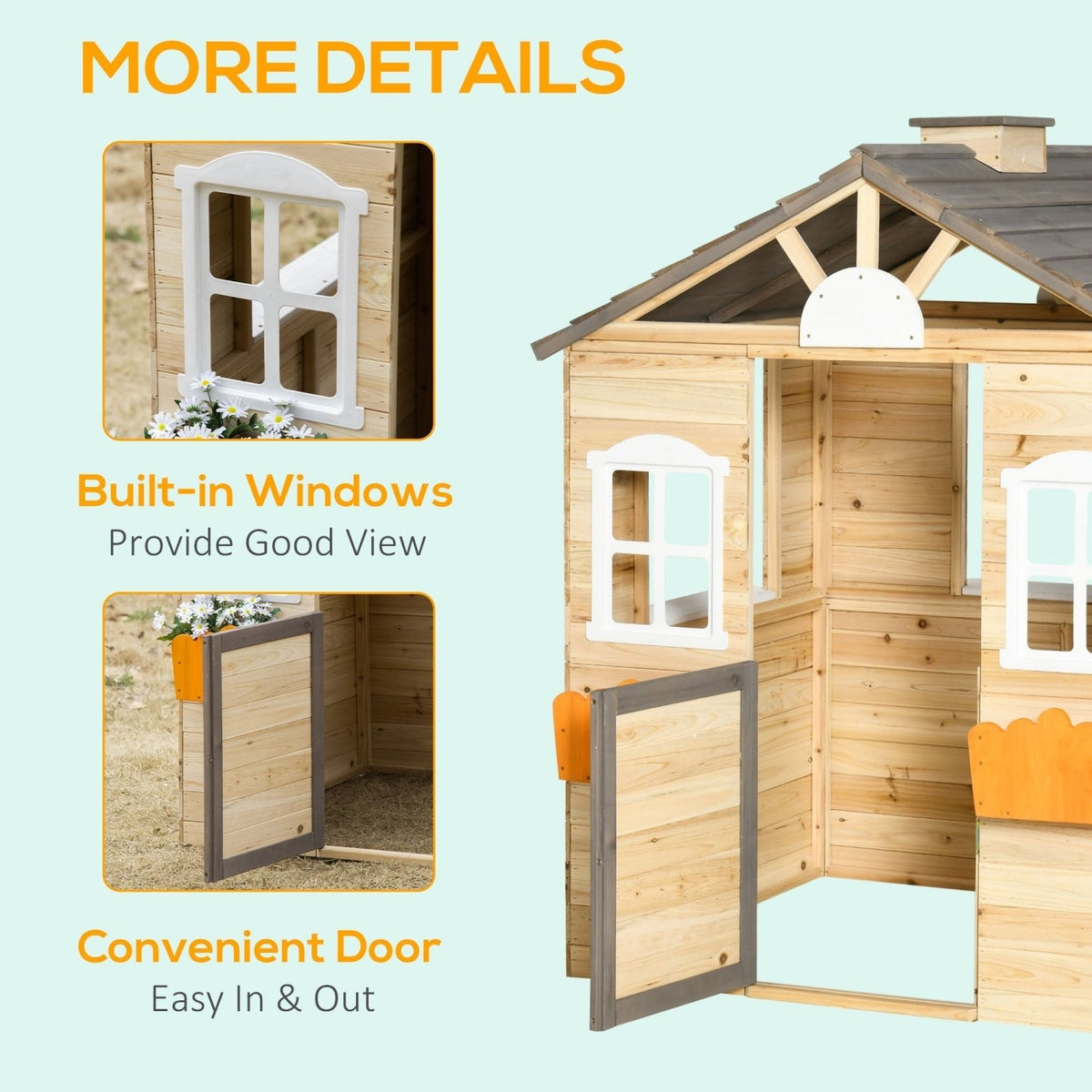 Outsunny Wooden Playhouse for Kids Outdoor Wendy House with Door, windows, Bench, Service Stations, Flowerpot Holder, For Ages 3-7 Years - SGP Garden Ltd