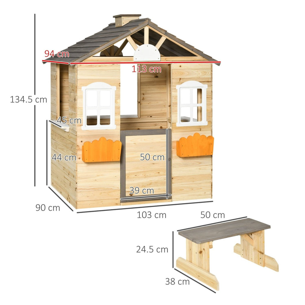 Outsunny Wooden Playhouse for Kids Outdoor Wendy House with Door, windows, Bench, Service Stations, Flowerpot Holder, For Ages 3-7 Years - SGP Garden Ltd