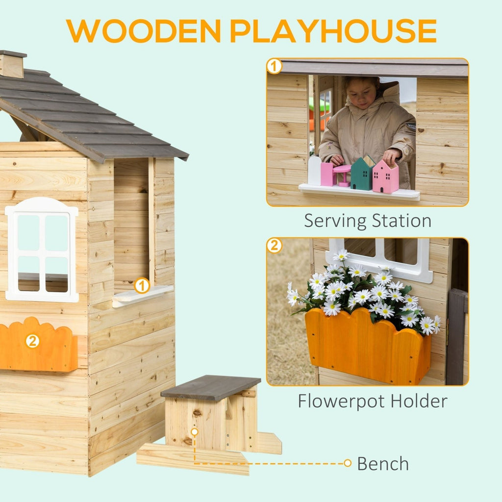 Outsunny Wooden Playhouse for Kids Outdoor Wendy House with Door, windows, Bench, Service Stations, Flowerpot Holder, For Ages 3-7 Years - SGP Garden Ltd