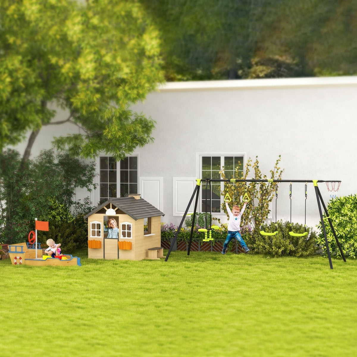 Outsunny Wooden Playhouse for Kids Outdoor Wendy House with Door, windows, Bench, Service Stations, Flowerpot Holder, For Ages 3-7 Years - SGP Garden Ltd