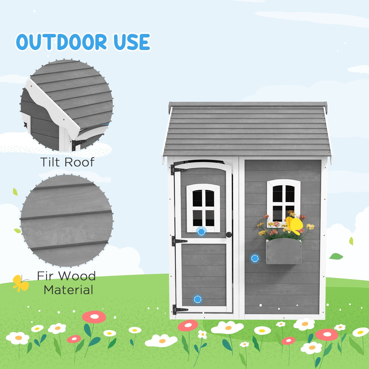 Outsunny Wooden Playhouse for Kids with Doors, Windows, Plant Box, Floors, for Ages 3-8 Years, for Gardens, Lawns, Patios - Grey - SGP Garden Ltd