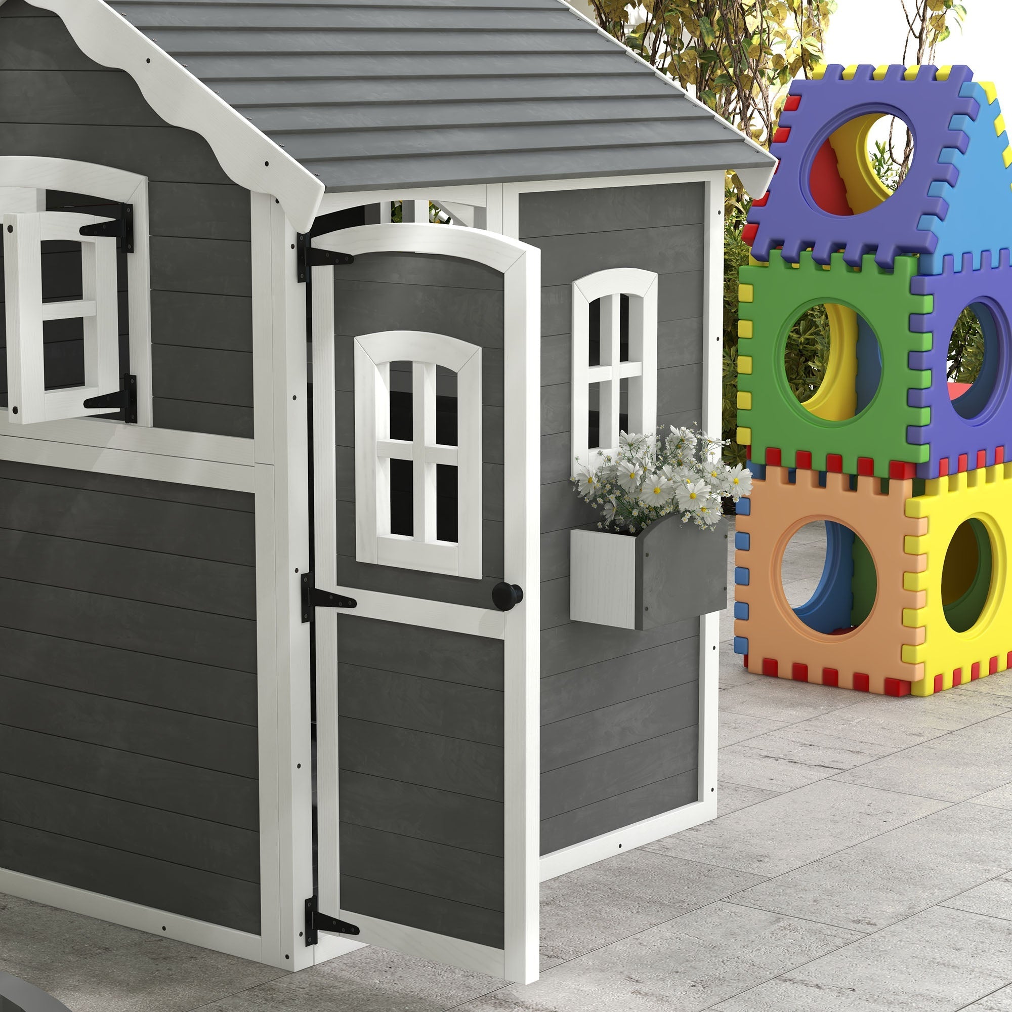 Outsunny Wooden Playhouse for Kids with Doors, Windows, Plant Box, Floors, for Ages 3-8 Years, for Gardens, Lawns, Patios - Grey - SGP Garden Ltd