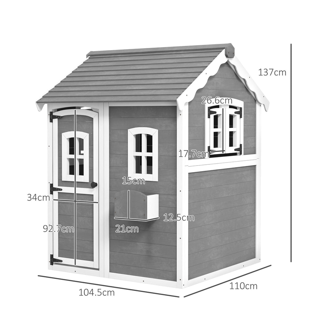 Outsunny Wooden Playhouse for Kids with Doors, Windows, Plant Box, Floors, for Ages 3-8 Years, for Gardens, Lawns, Patios - Grey - SGP Garden Ltd