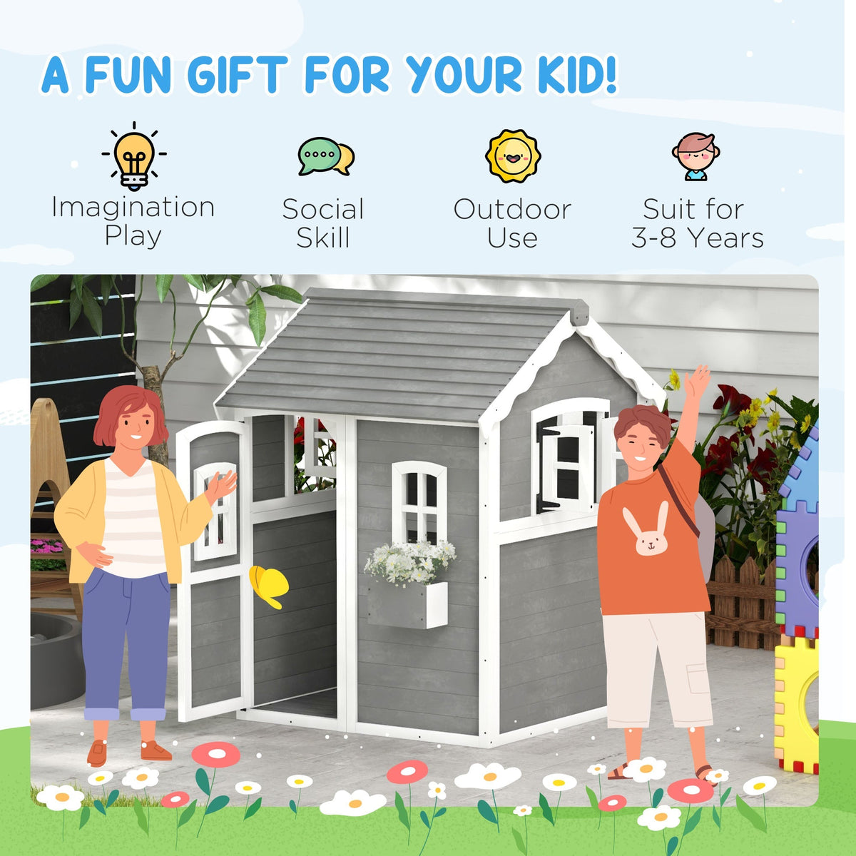 Outsunny Wooden Playhouse for Kids with Doors, Windows, Plant Box, Floors, for Ages 3-8 Years, for Gardens, Lawns, Patios - Grey - SGP Garden Ltd