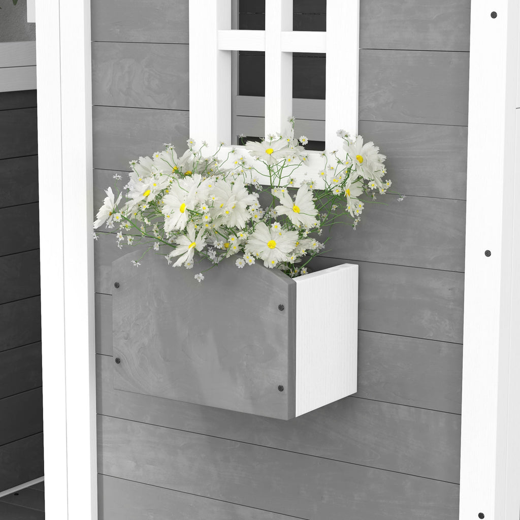 Outsunny Wooden Playhouse for Kids with Doors, Windows, Plant Box, Floors, for Ages 3-8 Years, for Gardens, Lawns, Patios - Grey - SGP Garden Ltd
