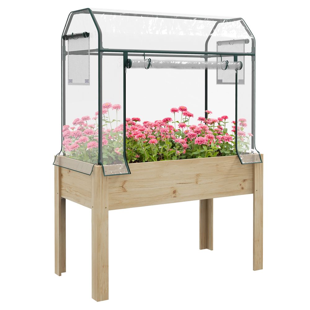 Outsunny Wooden Raised Planter, Garden Bed with Greenhouse Cover and Bed Liner - SGP Garden Ltd