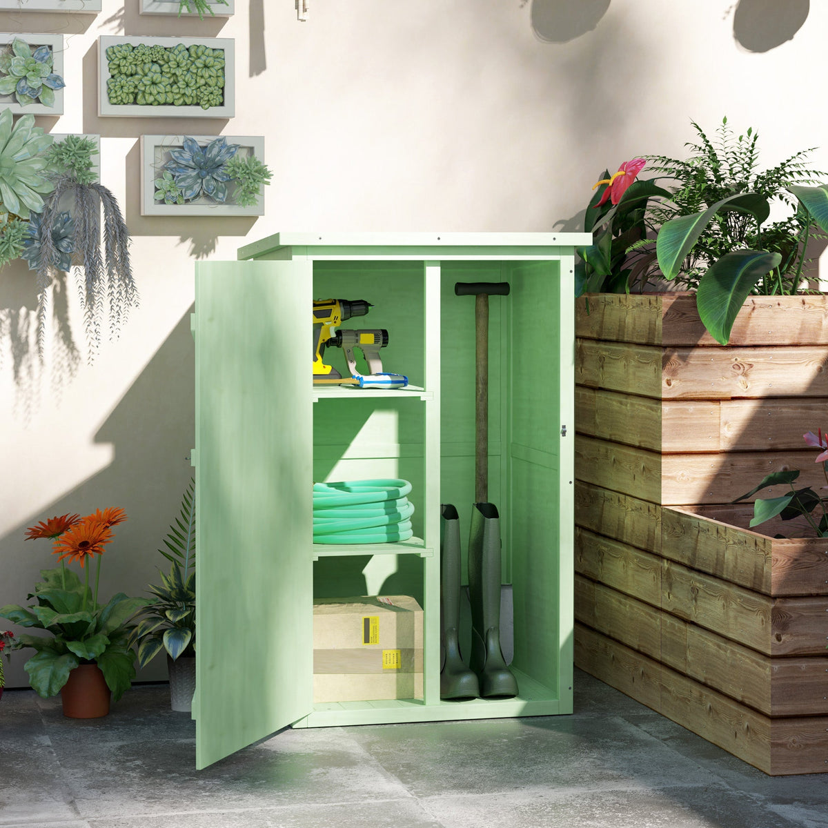 Outsunny Wooden Small Shed, Garden Storage Shed with Shelves and Bolt Latch, 75L x 56W x115H cm, Green - SGP Garden Ltd