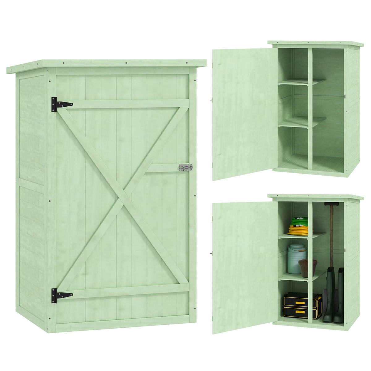 Outsunny Wooden Small Shed, Garden Storage Shed with Shelves and Bolt Latch, 75L x 56W x115H cm, Green - SGP Garden Ltd
