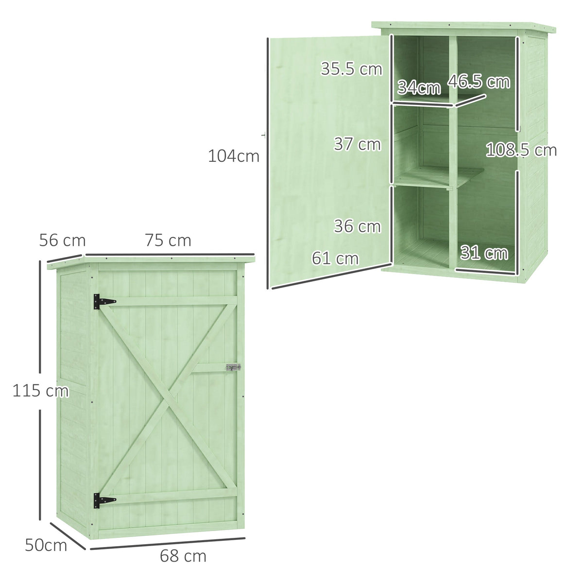Outsunny Wooden Small Shed, Garden Storage Shed with Shelves and Bolt Latch, 75L x 56W x115H cm, Green - SGP Garden Ltd