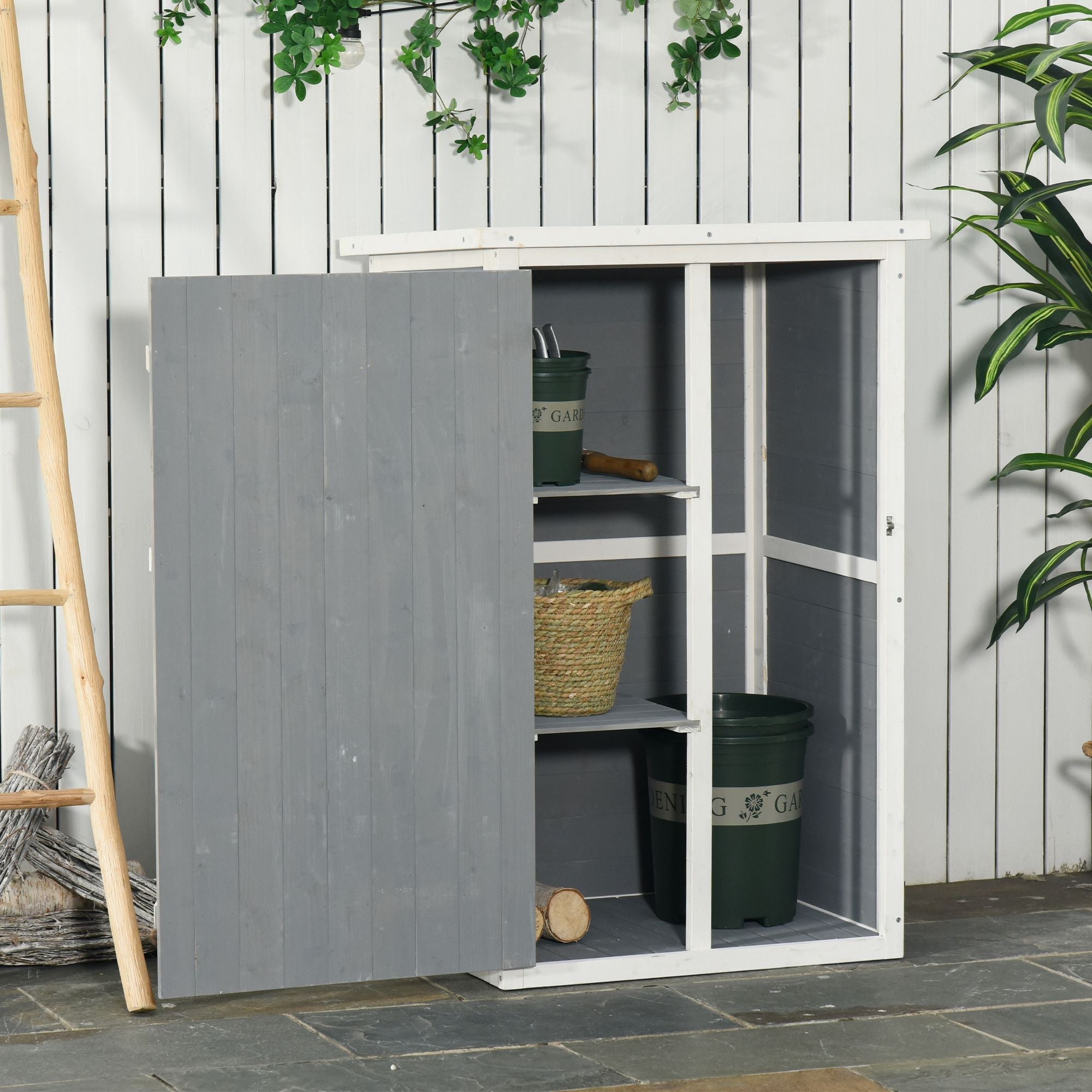 Outsunny Wooden Small Shed, Garden Storage Shed with Shelves and Bolt Latch, 75L x 56W x115H cm, Grey - SGP Garden Ltd