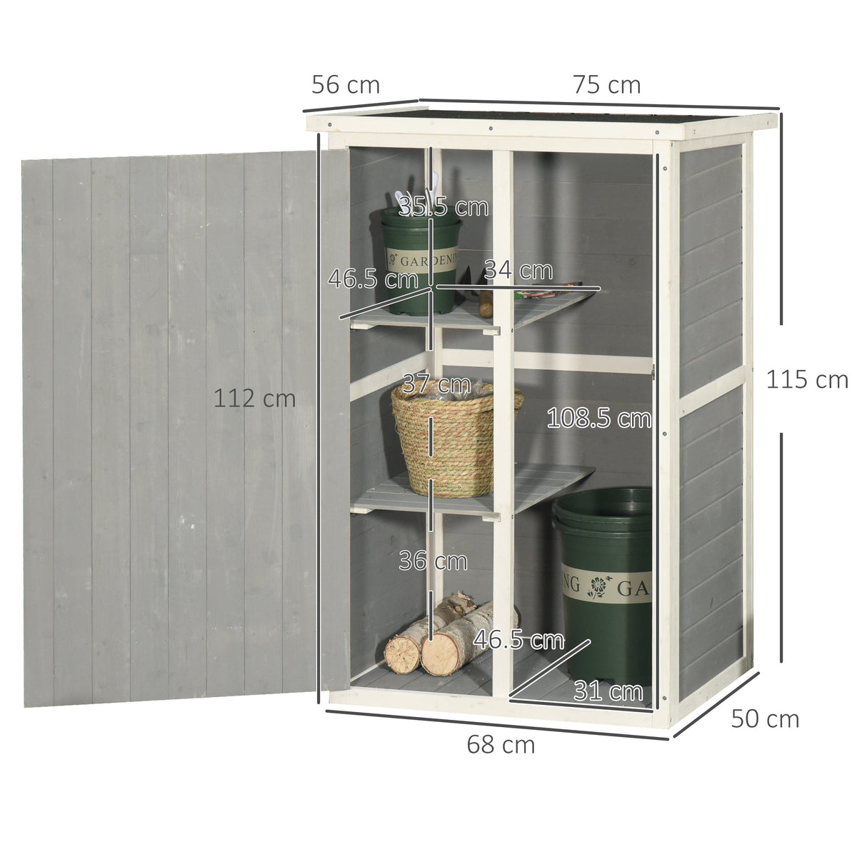 Outsunny Wooden Small Shed, Garden Storage Shed with Shelves and Bolt Latch, 75L x 56W x115H cm, Grey - SGP Garden Ltd