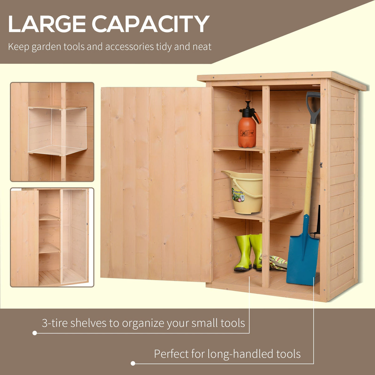 Outsunny Wooden Small Shed, Garden Storage Shed with Shelves and Bolt Latch, 75L x 56W x115H cm, Natural - SGP Garden Ltd