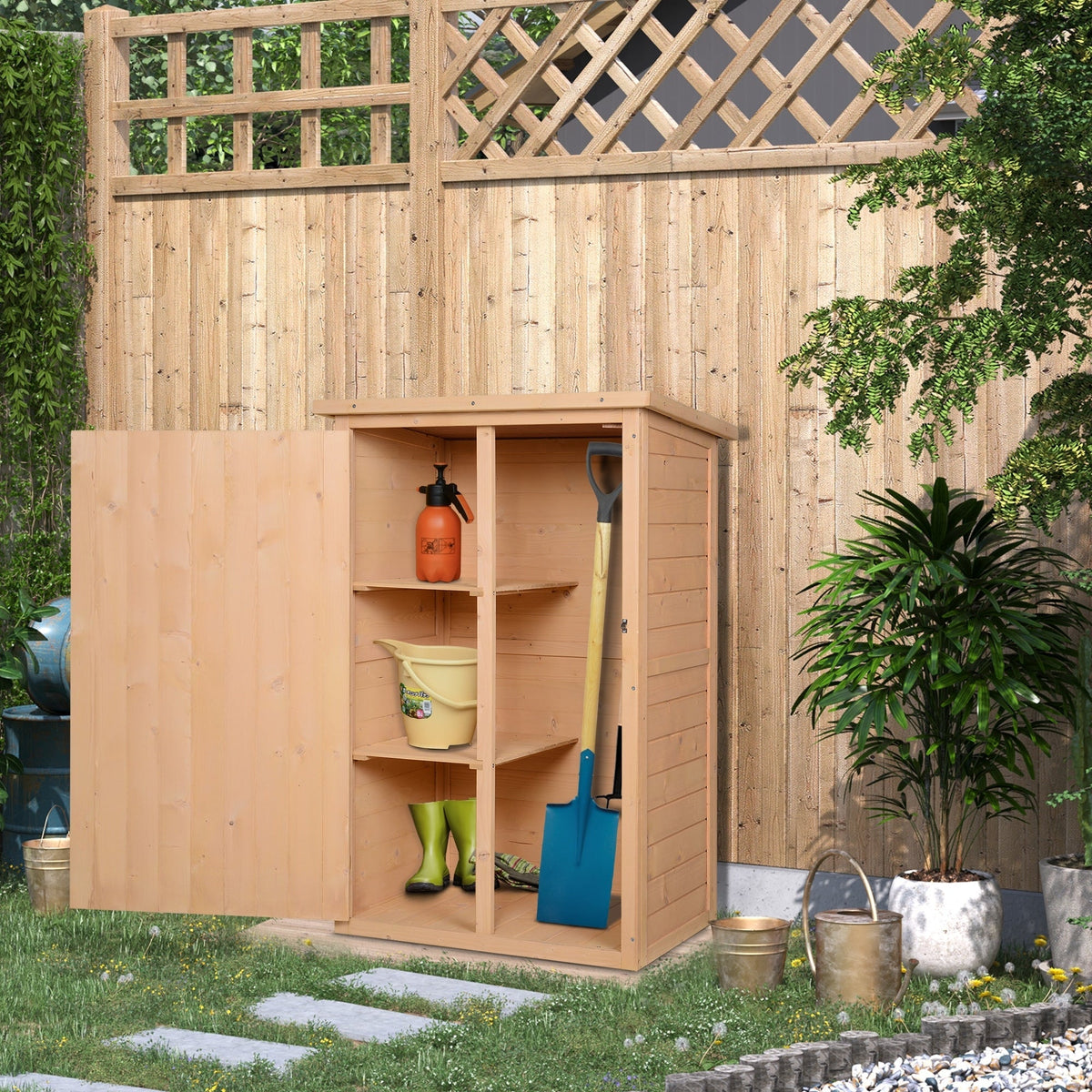 Outsunny Wooden Small Shed, Garden Storage Shed with Shelves and Bolt Latch, 75L x 56W x115H cm, Natural - SGP Garden Ltd