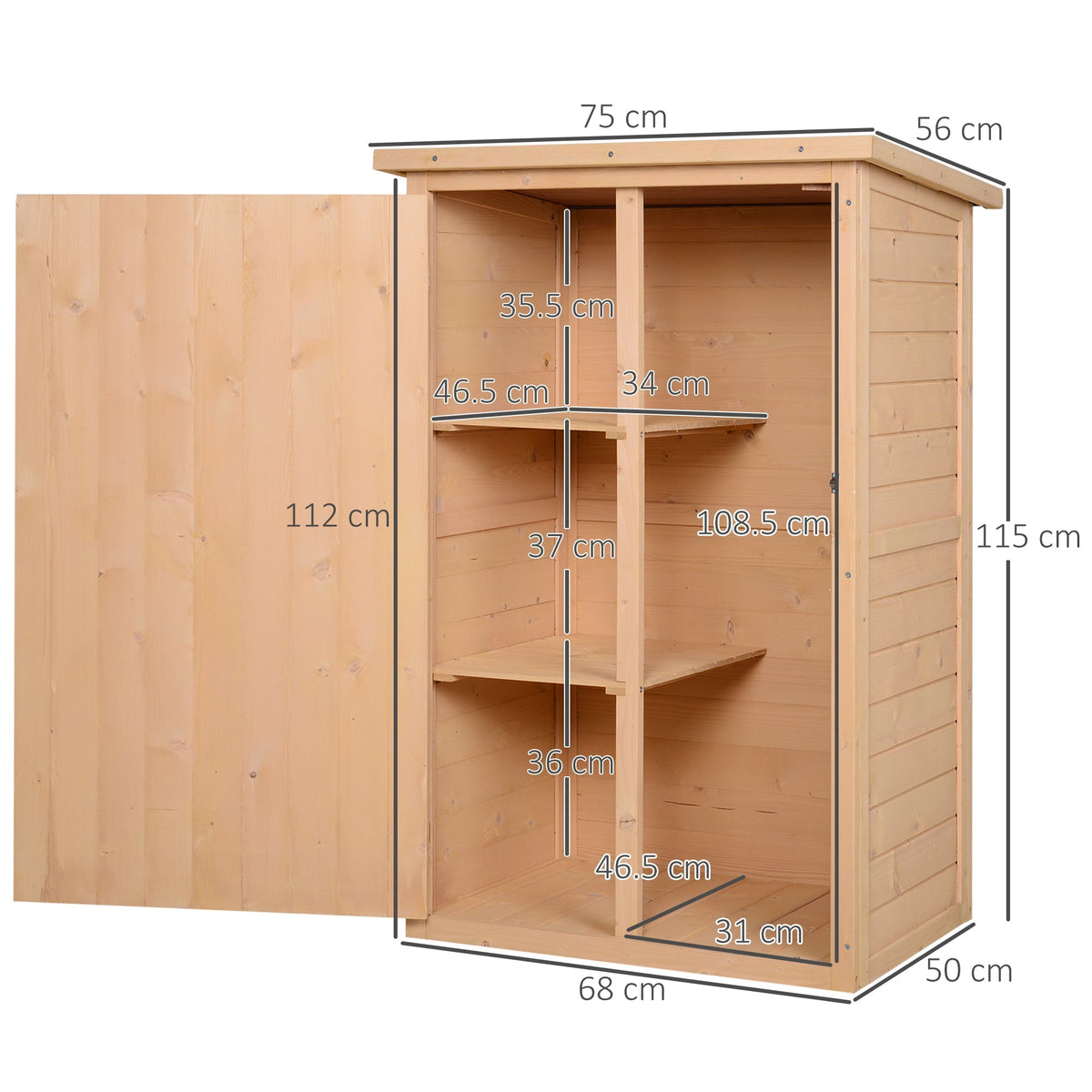 Outsunny Wooden Small Shed, Garden Storage Shed with Shelves and Bolt Latch, 75L x 56W x115H cm, Natural - SGP Garden Ltd