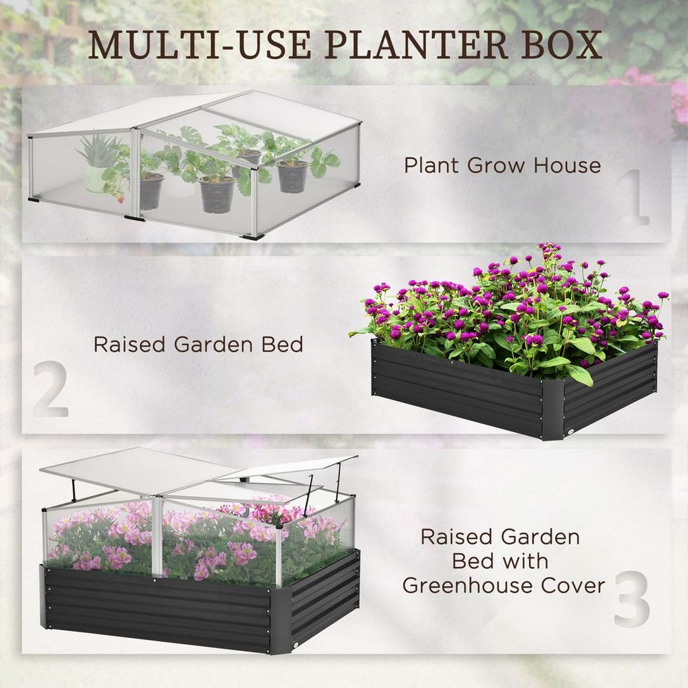 Outsuuny Galvanised Raised Garden Bed with Greenhouse and Cover, Dark Grey - SGP Garden Ltd
