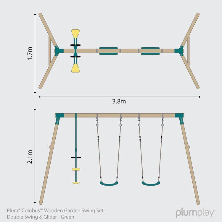 Plum® ColobusTM Wooden Garden Swing Set - Double Swing & Glider - Green - SGP Garden Ltd