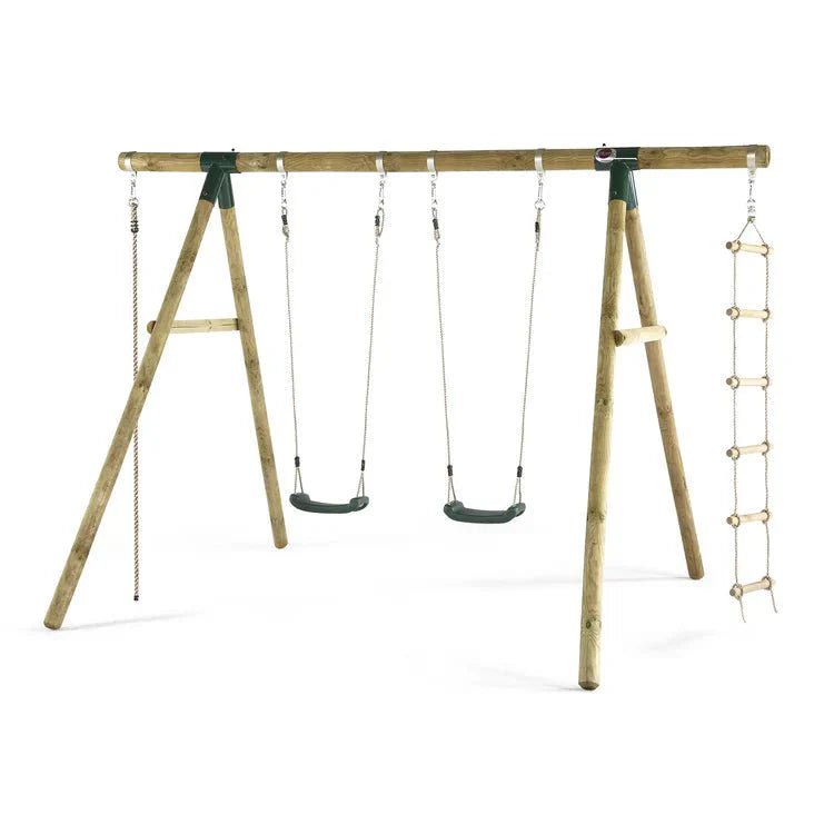 Plum® GibbonTM Wooden Swing Set - Double Swing, Rope & Ladder - Green - SGP Garden Ltd
