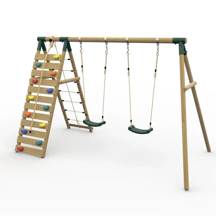 Plum® Uakari™ Wooden Swing Set – Double Swing & Climbing Wall - SGP Garden Ltd