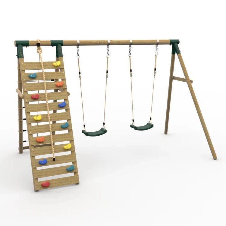 Plum® Uakari™ Wooden Swing Set – Double Swing & Climbing Wall - SGP Garden Ltd