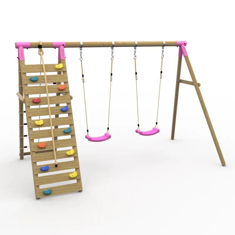 Plum® Uakari™ Wooden Swing Set – Double Swing & Climbing Wall - SGP Garden Ltd