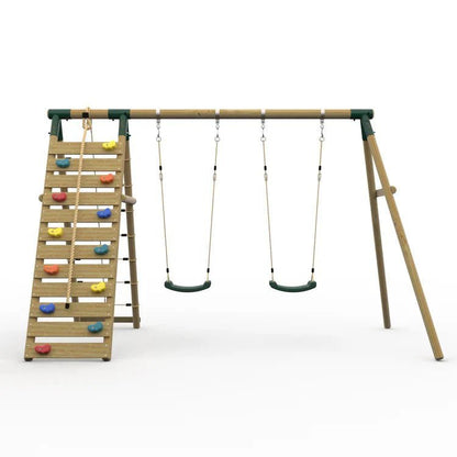 Plum® Uakari™ Wooden Swing Set – Double Swing & Climbing Wall - SGP Garden Ltd