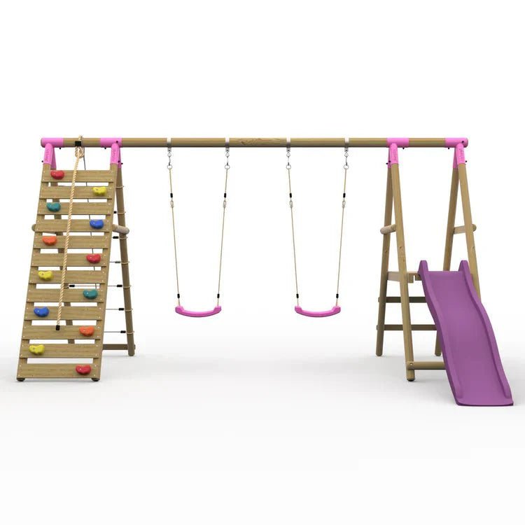 Plum® Woolly Monkey II™ Wooden Swing Set – Double Swing, Climbing Wall, Deck & Slide - SGP Garden Ltd