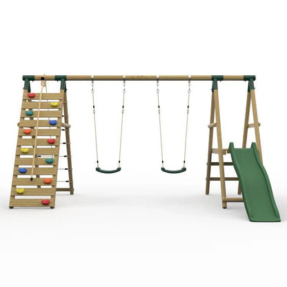 Plum® Woolly Monkey II™ Wooden Swing Set – Double Swing, Climbing Wall, Deck & Slide - SGP Garden Ltd