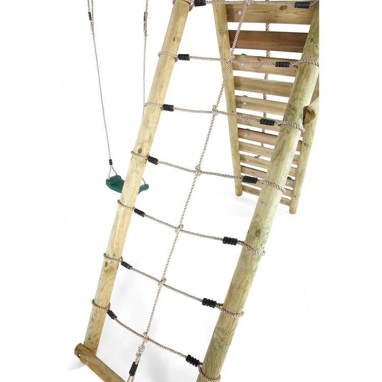 Plum® Woolly Monkey II™ Wooden Swing Set – Double Swing, Climbing Wall, Deck & Slide - SGP Garden Ltd