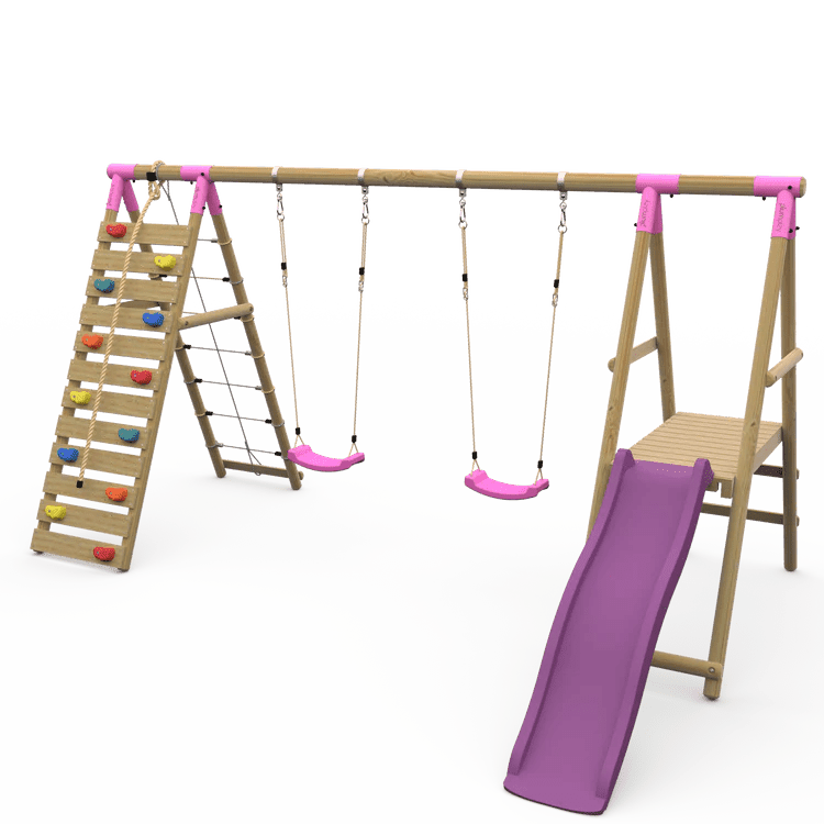 Plum® Woolly Monkey II™ Wooden Swing Set – Double Swing, Climbing Wall, Deck & Slide - SGP Garden Ltd