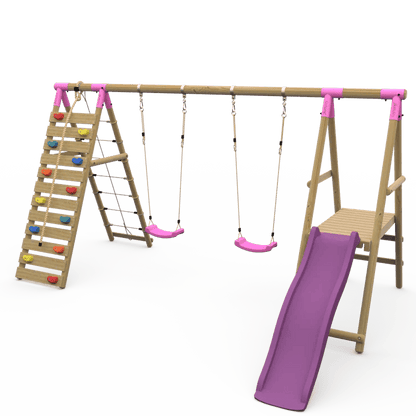 Plum® Woolly Monkey II™ Wooden Swing Set – Double Swing, Climbing Wall, Deck & Slide - SGP Garden Ltd