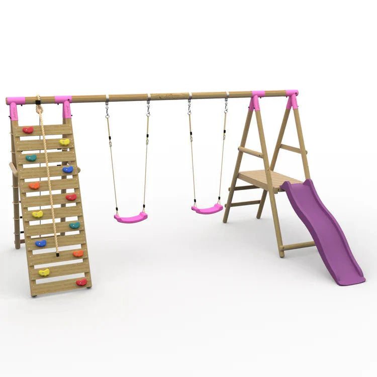 Plum® Woolly Monkey II™ Wooden Swing Set – Double Swing, Climbing Wall, Deck & Slide - SGP Garden Ltd