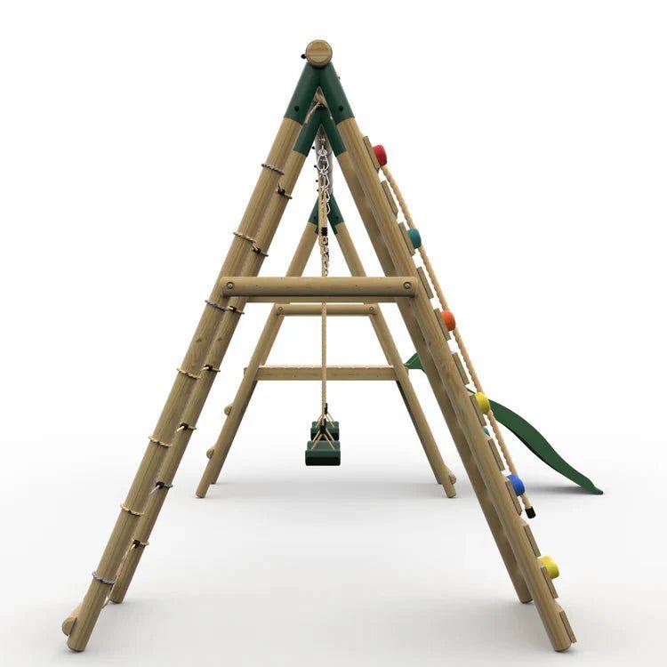 Plum® Woolly Monkey II™ Wooden Swing Set – Double Swing, Climbing Wall, Deck & Slide - SGP Garden Ltd