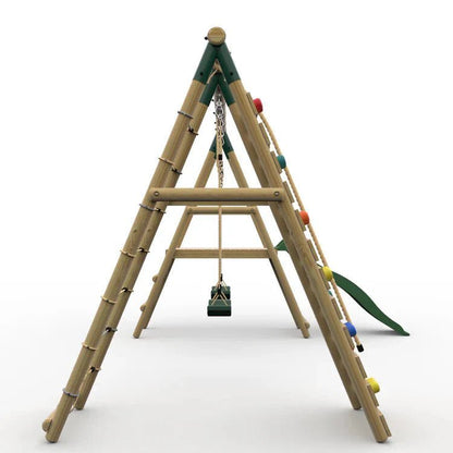 Plum® Woolly Monkey II™ Wooden Swing Set – Double Swing, Climbing Wall, Deck & Slide - SGP Garden Ltd