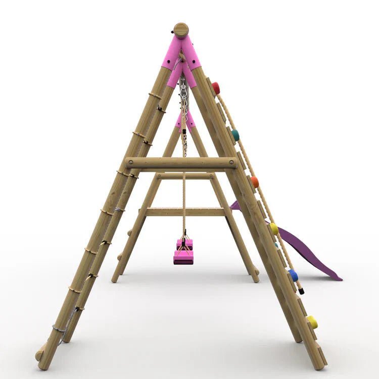 Plum® Woolly Monkey II™ Wooden Swing Set – Double Swing, Climbing Wall, Deck & Slide - SGP Garden Ltd