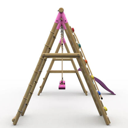 Plum® Woolly Monkey II™ Wooden Swing Set – Double Swing, Climbing Wall, Deck & Slide - SGP Garden Ltd