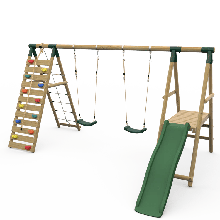 Plum® Woolly Monkey II™ Wooden Swing Set – Double Swing, Climbing Wall, Deck & Slide - SGP Garden Ltd