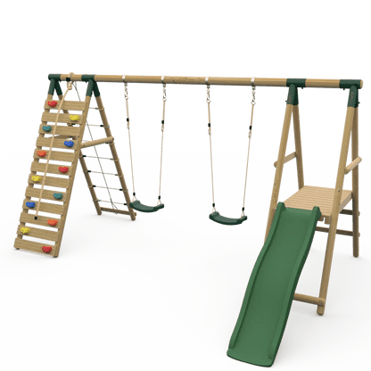 Plum® Woolly Monkey II™ Wooden Swing Set – Double Swing, Climbing Wall, Deck & Slide - SGP Garden Ltd