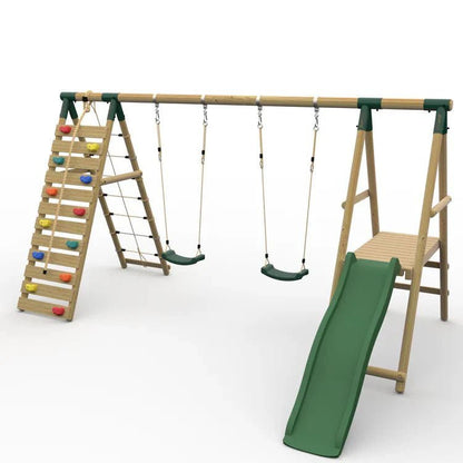 Plum® Woolly Monkey II™ Wooden Swing Set – Double Swing, Climbing Wall, Deck & Slide - SGP Garden Ltd
