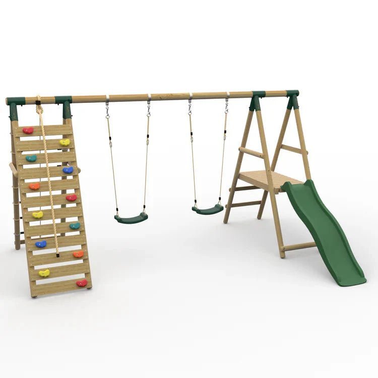 Plum® Woolly Monkey II™ Wooden Swing Set – Double Swing, Climbing Wall, Deck & Slide - SGP Garden Ltd