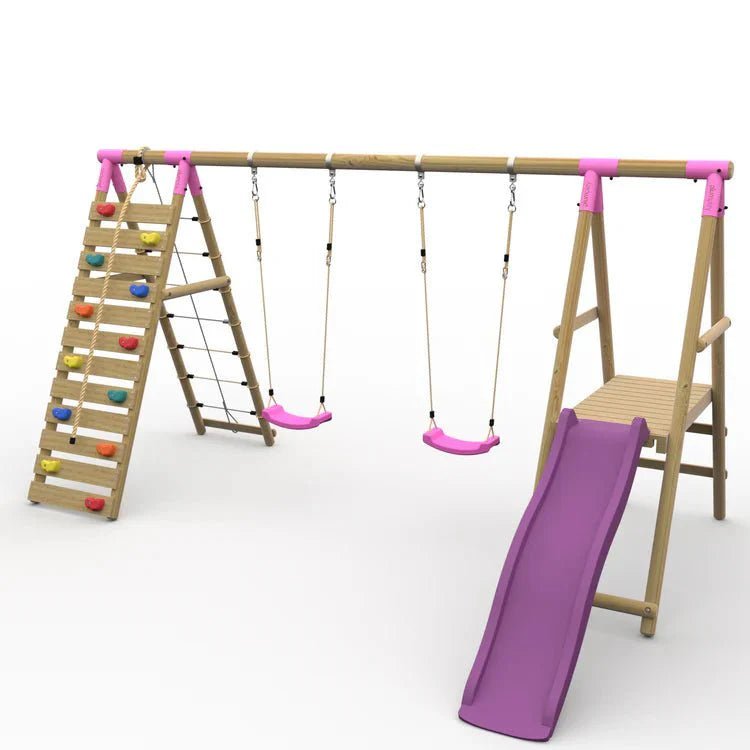 Plum® Woolly Monkey II™ Wooden Swing Set – Double Swing, Climbing Wall, Deck & Slide - SGP Garden Ltd
