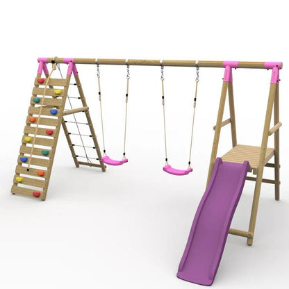 Plum® Woolly Monkey II™ Wooden Swing Set – Double Swing, Climbing Wall, Deck & Slide - SGP Garden Ltd
