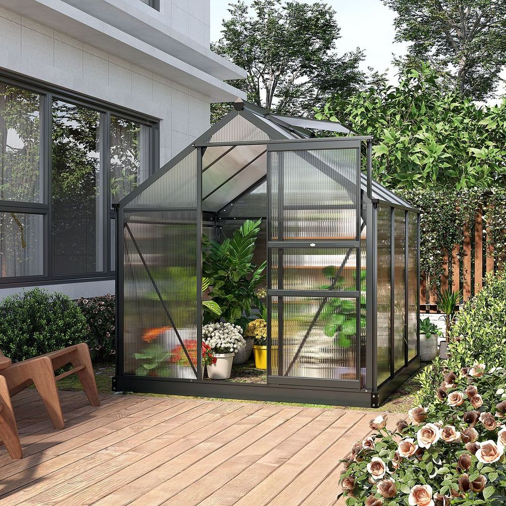 Polycarbonate Walk-In Garden Greenhouse Aluminium Frame w/ Slide Door 6 x 6ft - SGP Garden Ltd