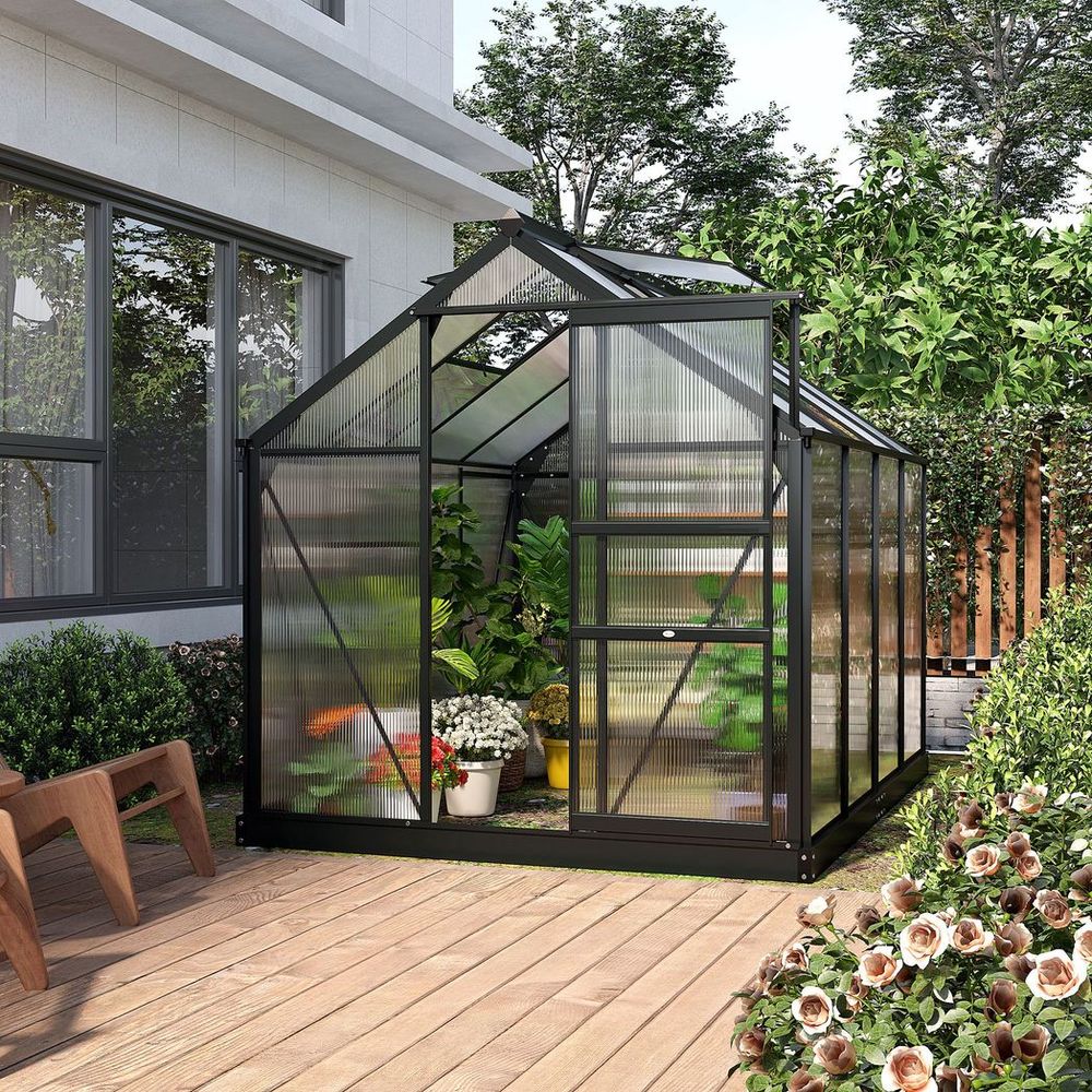 Polycarbonate Walk-In Garden Greenhouse Aluminium Frame w/ Slide Door 6 x 8ft - SGP Garden Ltd