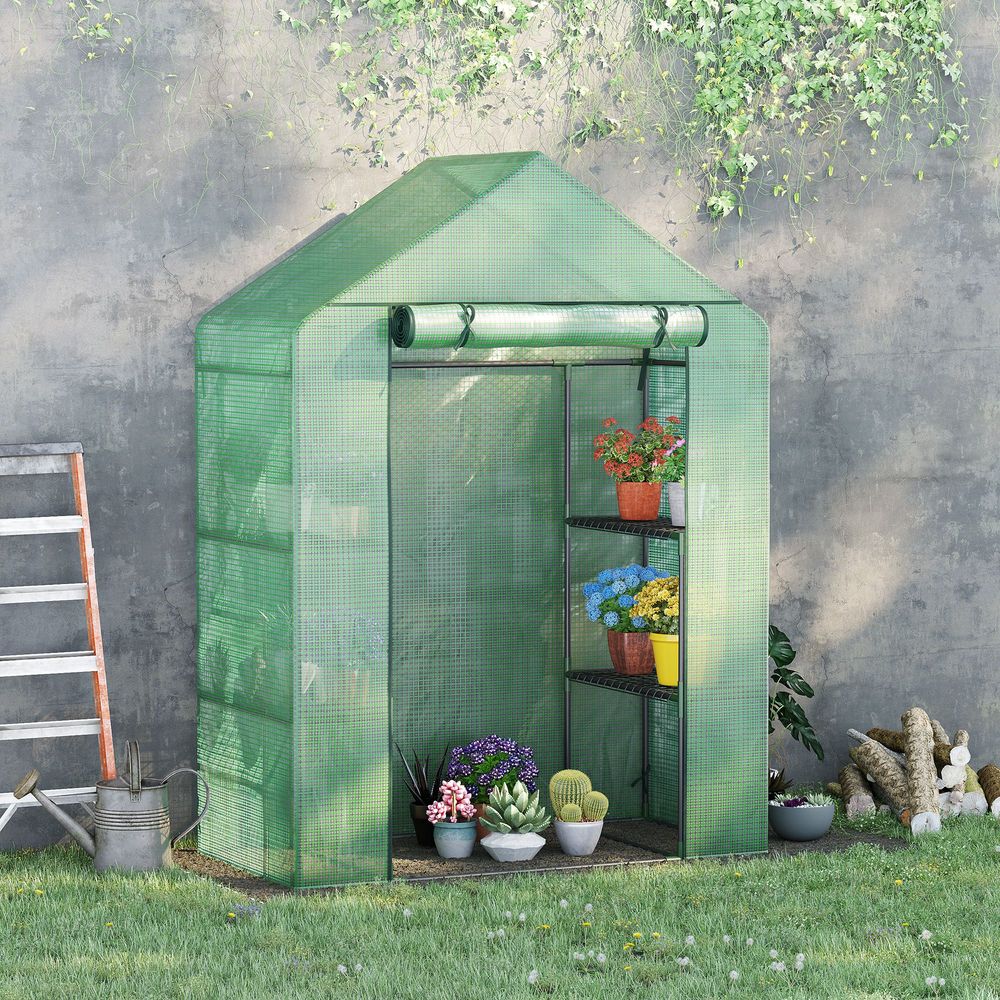 Portable Walk-In Greenhouse: 2-Tier Shelf, Roll-Up Door, PE Cover, 141x72x191cm, Green - SGP Garden Ltd