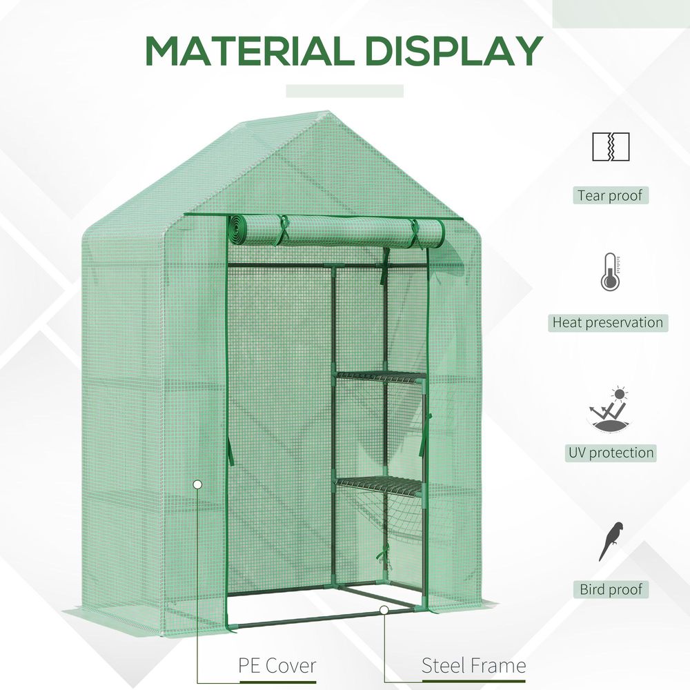 Portable Walk-In Greenhouse: 2-Tier Shelf, Roll-Up Door, PE Cover, 141x72x191cm, Green - SGP Garden Ltd