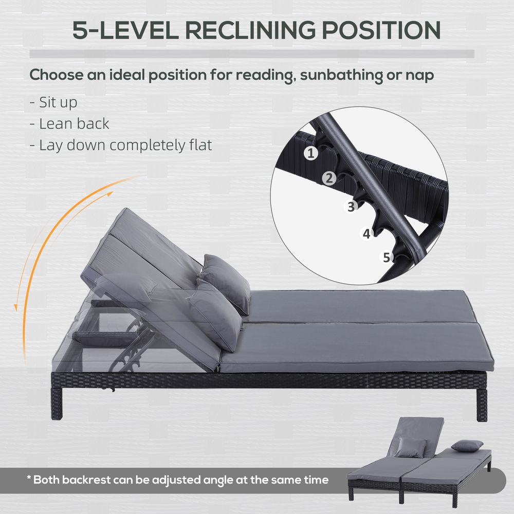 Premium 2-Seater Rattan Lounger - Adjustable Cushions - Black - SGP Garden Ltd