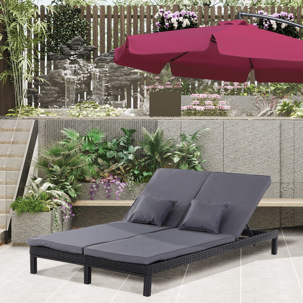 Premium 2-Seater Rattan Lounger - Adjustable Cushions - Black - SGP Garden Ltd