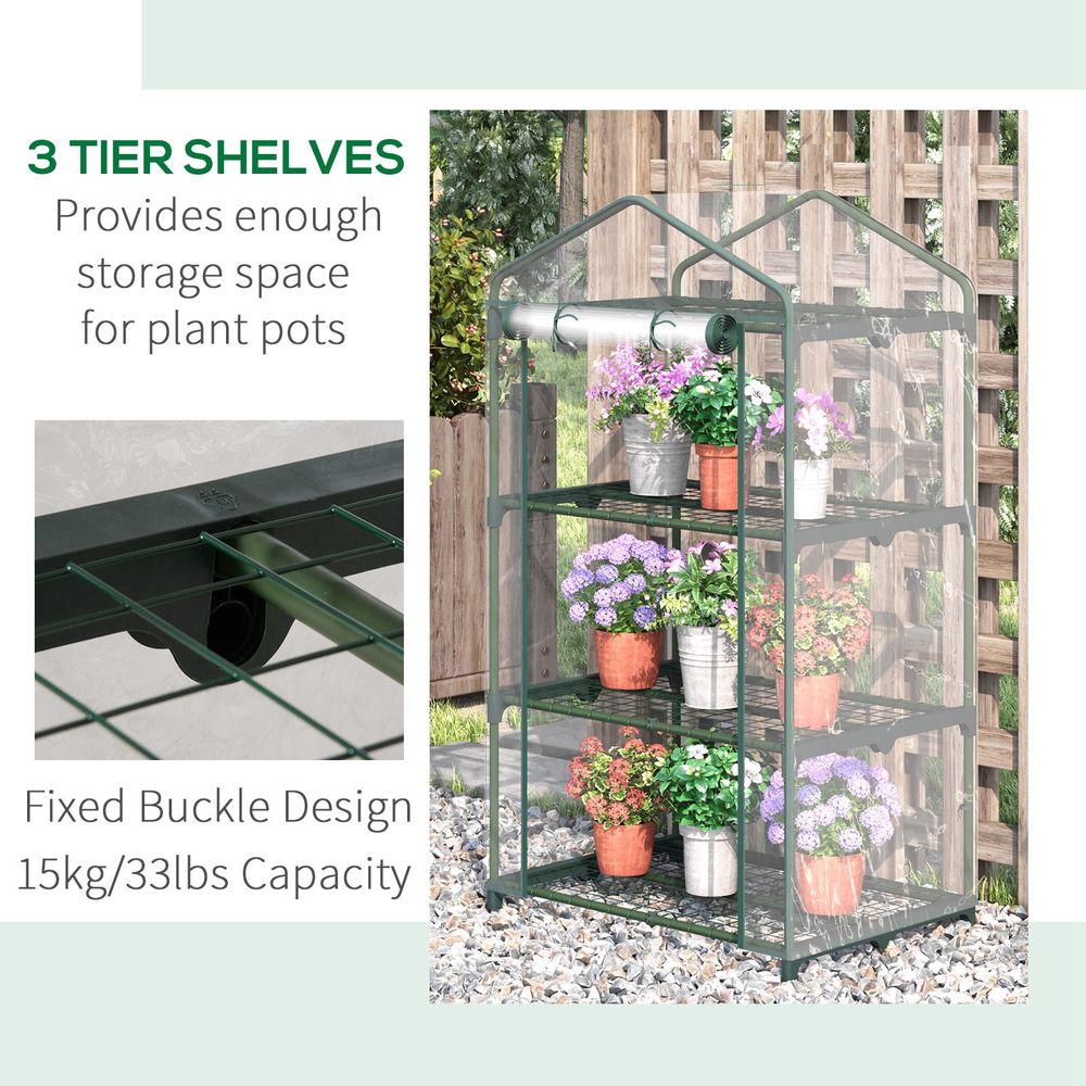 Premium 3 Tier Mini Greenhouse, Roll Up Door, Wire Shelves, 69x49x125cm - SGP Garden Ltd