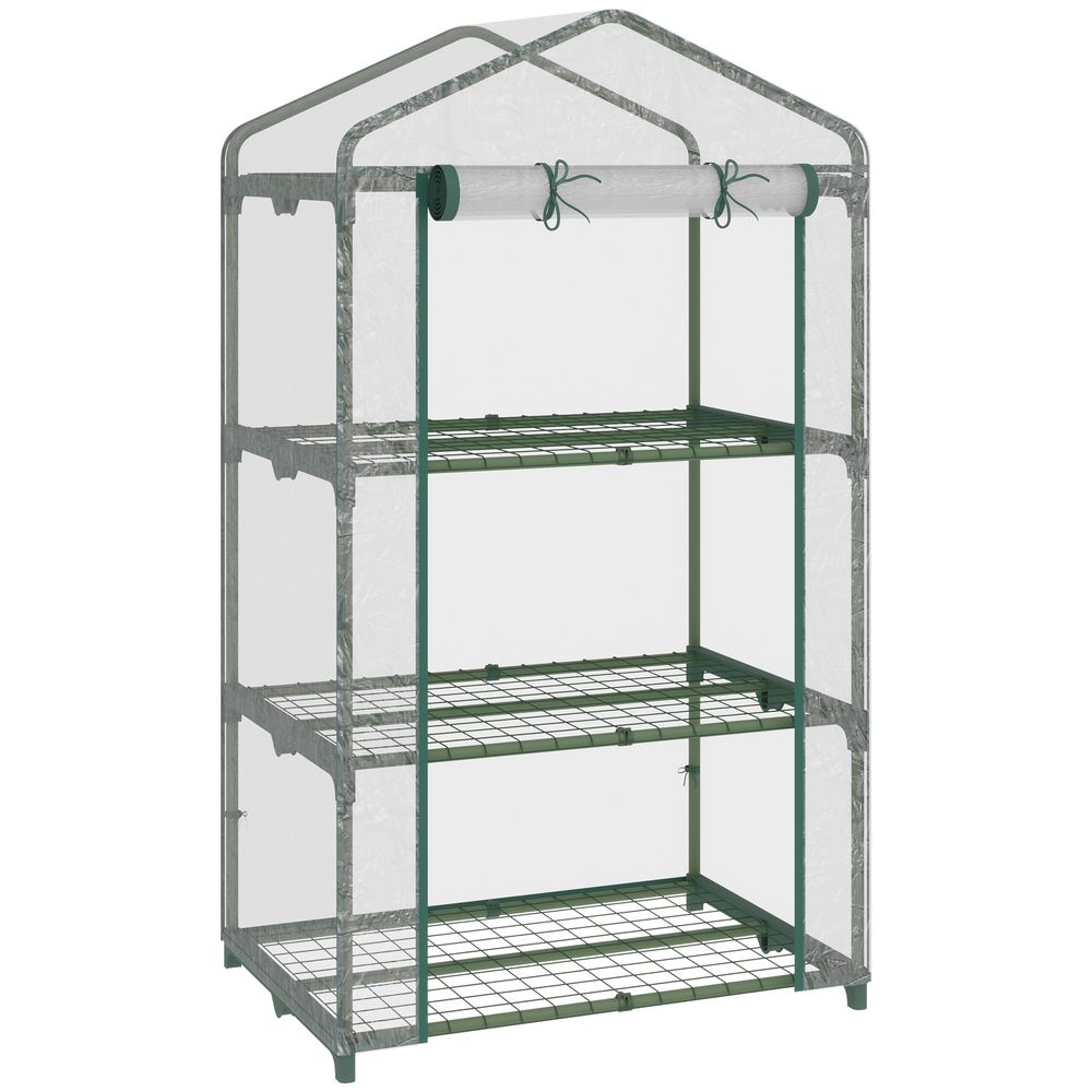 Premium 3 Tier Mini Greenhouse, Roll Up Door, Wire Shelves, 69x49x125cm - SGP Garden Ltd